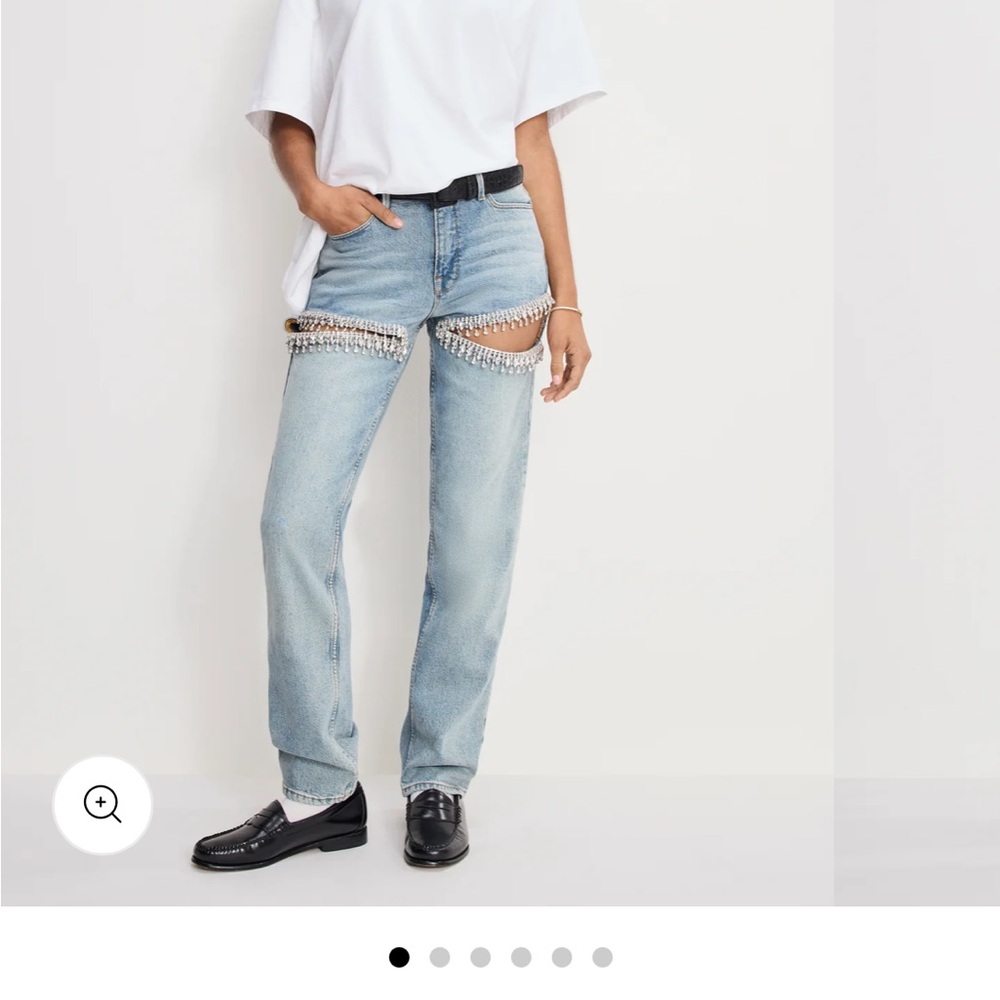 Good American Light Blue Straight Leg Jeans with Crystal Fringe Cutouts - Picture 6 of 7